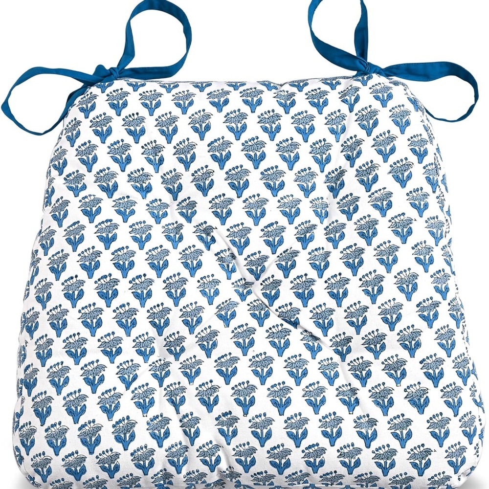 CPC  Blue Hand Block Printed Cotton Chair Cushions Set of 2,Reversible - Picture 3 of 3